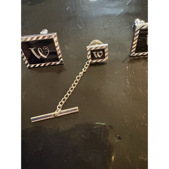 Swank Signed Silver Tone Black Enamel Letter W Cufflinks & Tie Tack A-47 - Picture 4 of 6